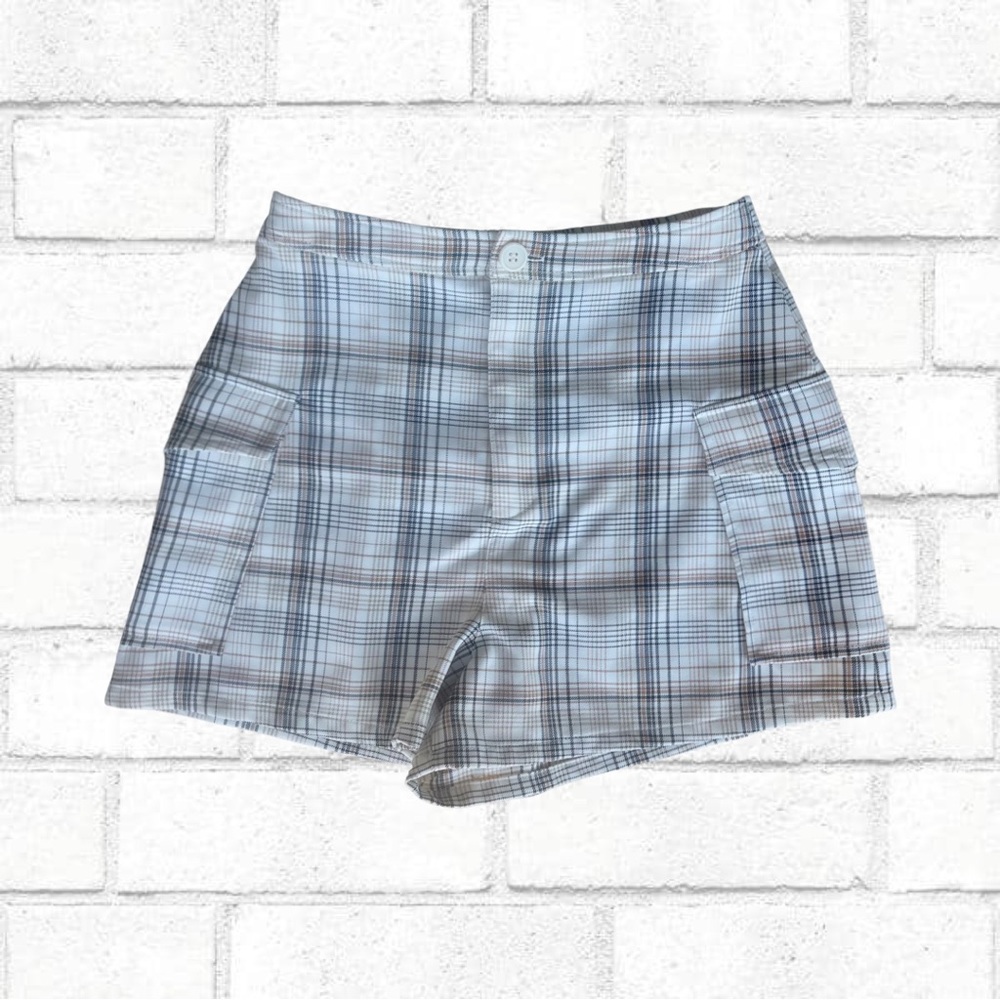 BP Nordstrom Tan Beige Black Plaid Hi-Rise Pocket Cargo Shorts Size Small